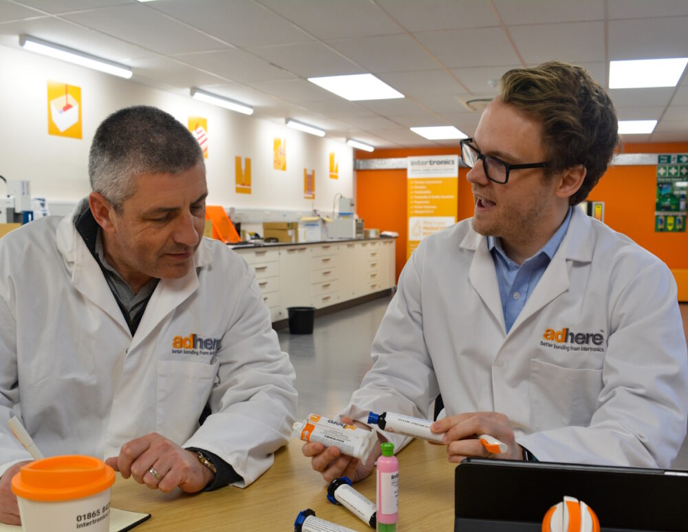 Ben and Darren discussing adhesives in Technology Centre